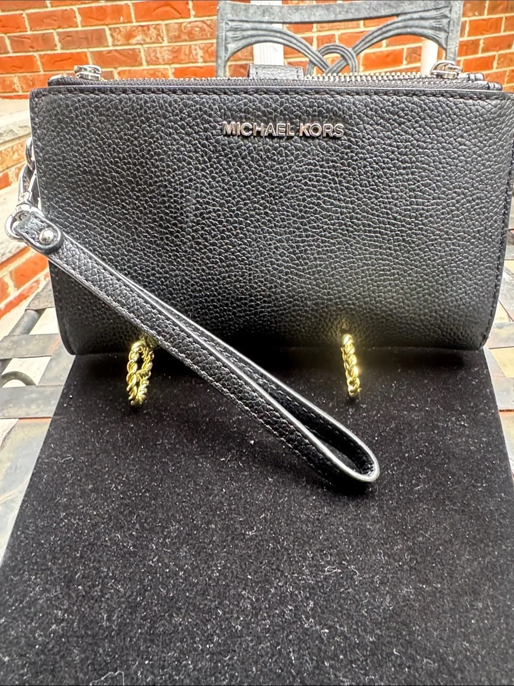 Michael Kors Black Pebbled Leather Zip Wristlet with Gold Logo
